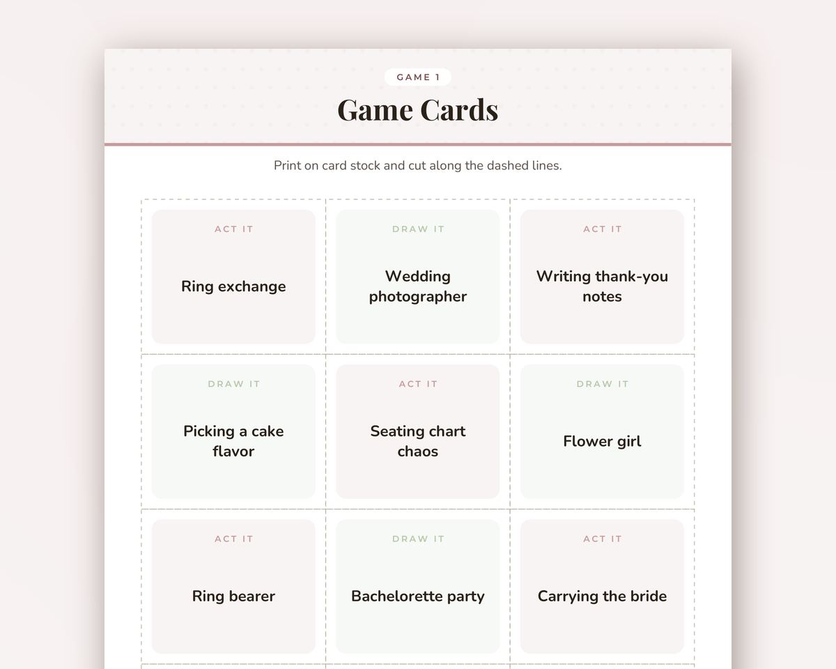 Bridal Shower Charades & Drawing Game: 48 Printable Act It / Draw It Cards printable preview 2