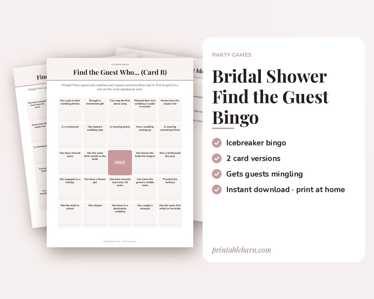 Bridal Shower Find the Guest Bingo: Printable Icebreaker Game (2 Card Versions) printable preview 1