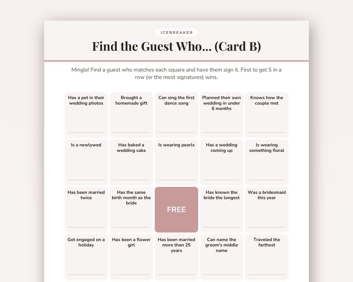 Free printable Bridal Shower Find the Guest Bingo sample page