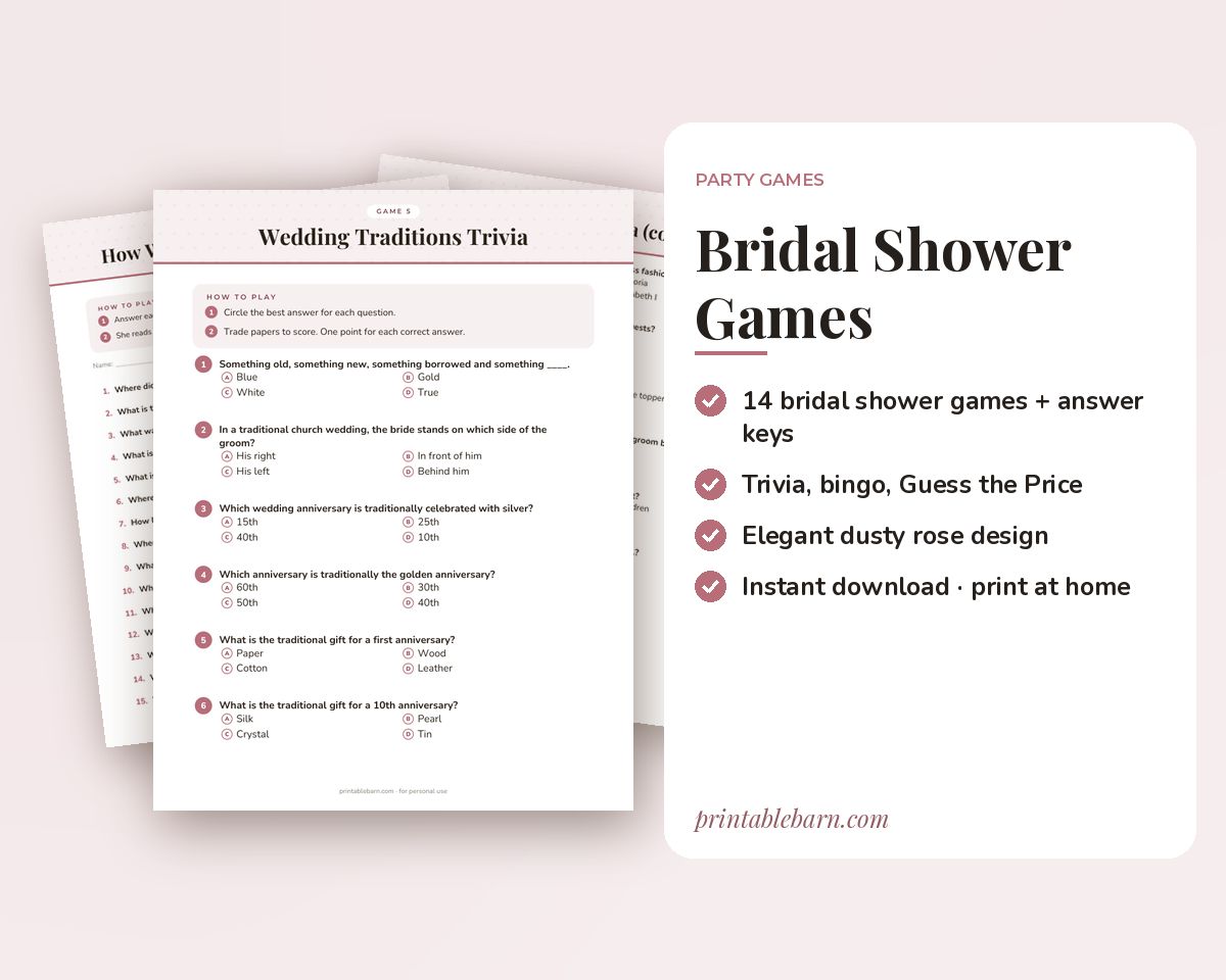 Bridal Shower Games Printable Pack: 14 Games with Answer Keys & Scorecard