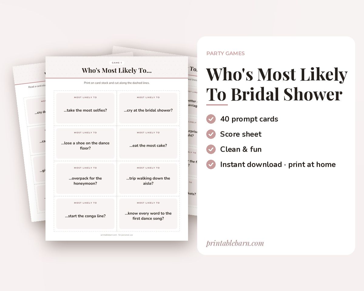 Who's Most Likely To: Bridal Shower Edition, 40 Printable Game Cards printable preview 1