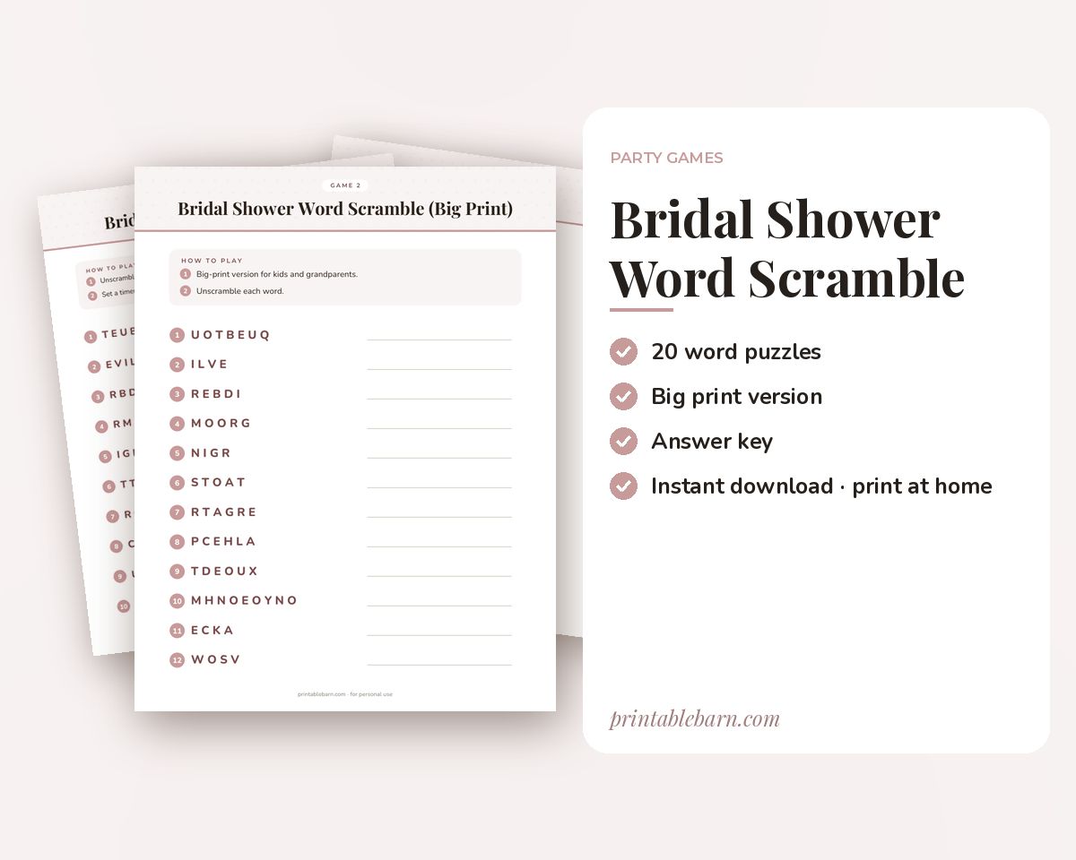 Bridal Shower Word Scramble Game: 20 Printable Word Puzzles with Answer Key printable preview 1
