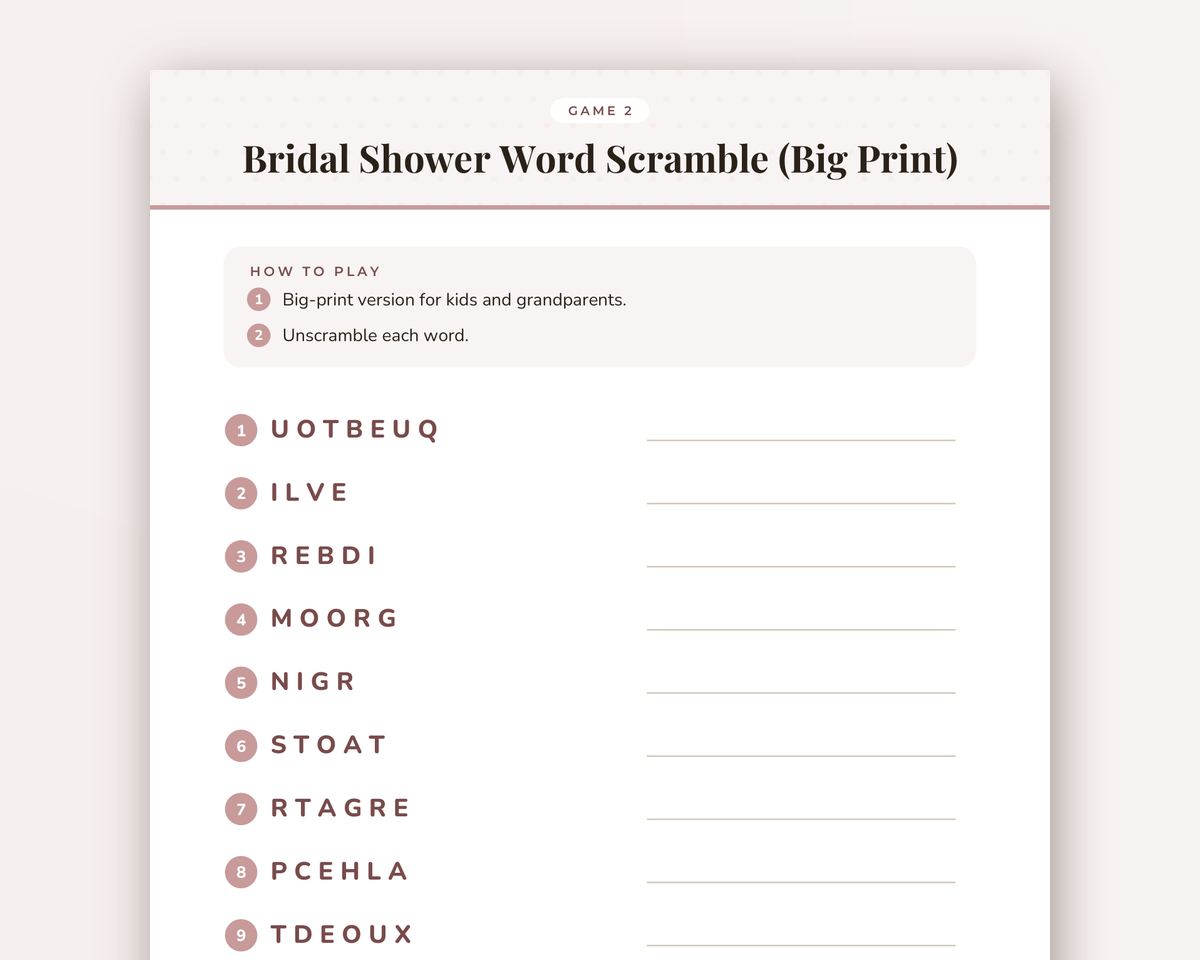 Free printable Bridal Shower Word Scramble Game sample page