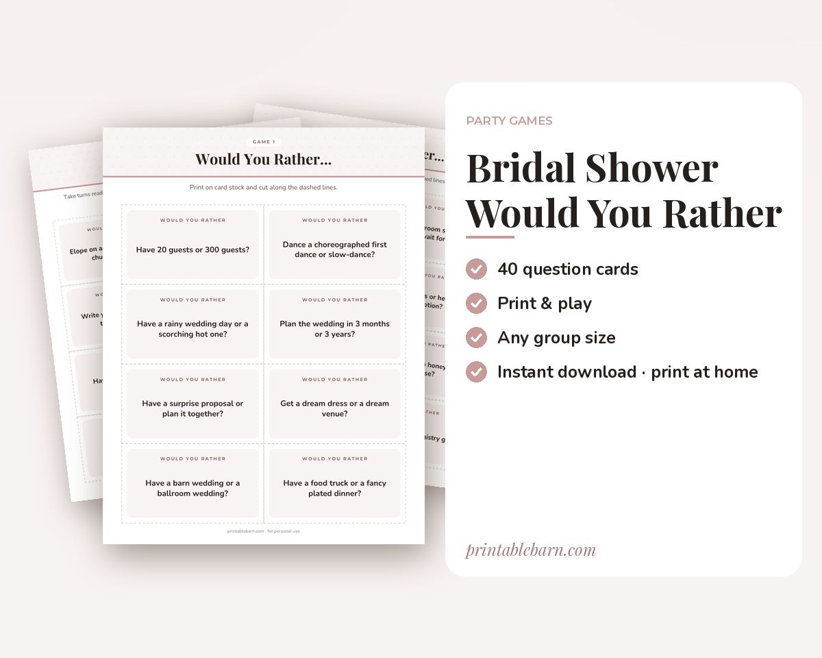 Bridal Shower Would You Rather Game: 40 Printable Question Cards