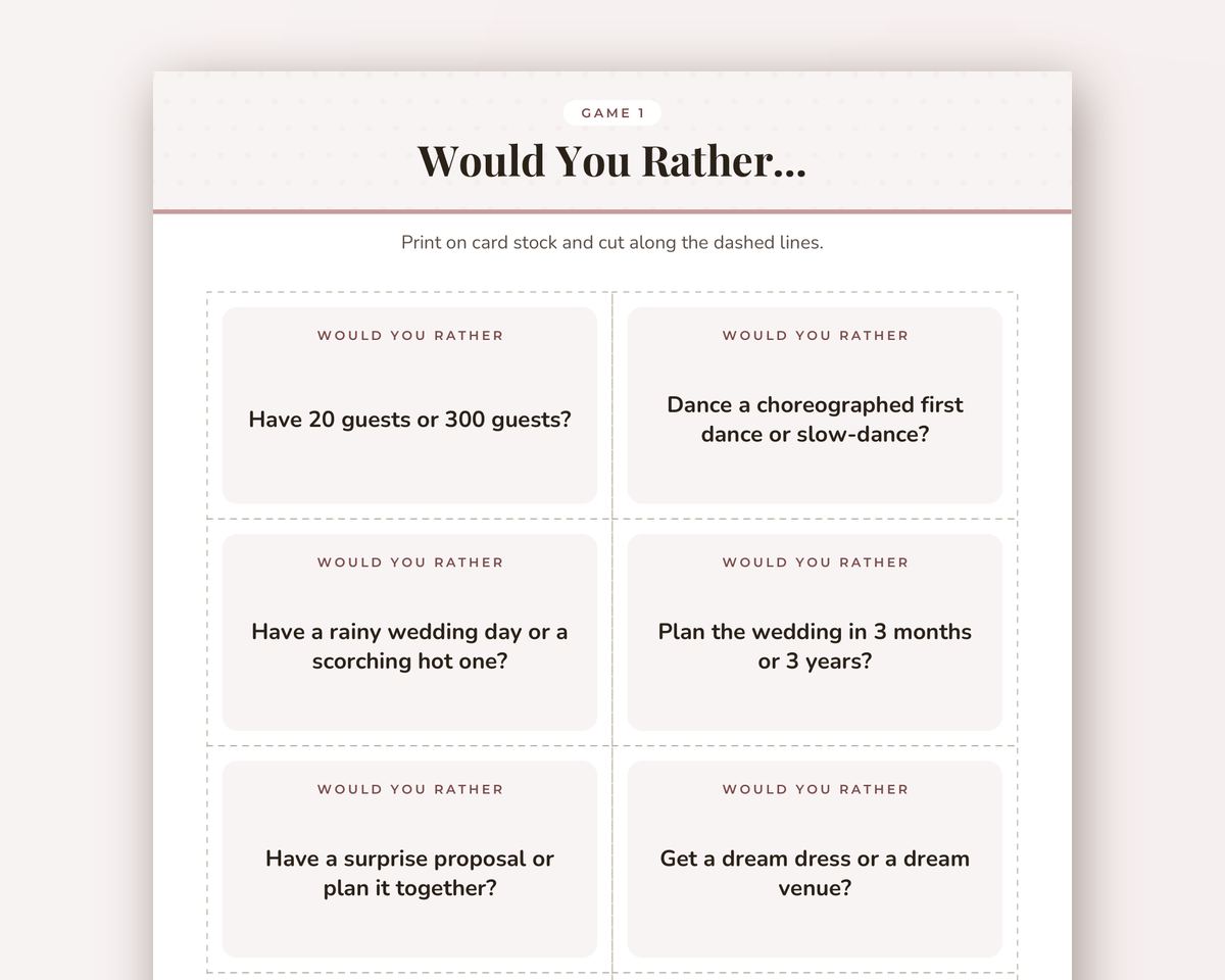 Free printable Bridal Shower Would You Rather Game sample page