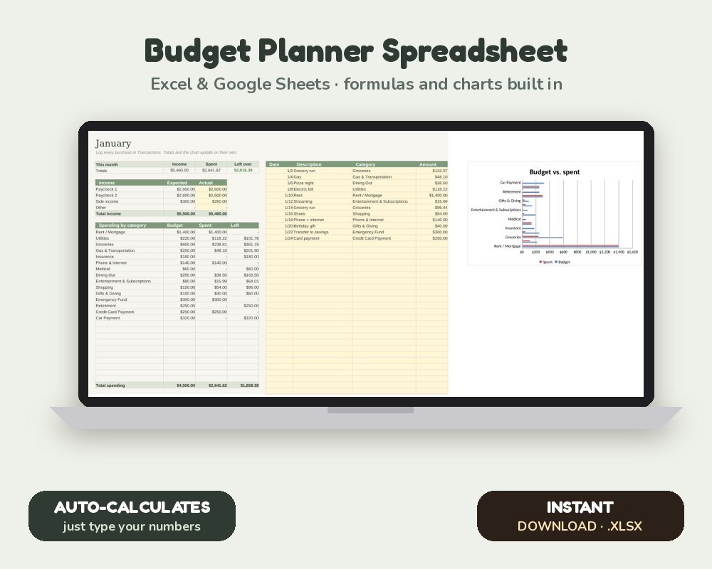 Budget Planner Spreadsheet: Monthly Budget Template for Excel & Google Sheets printable preview 1