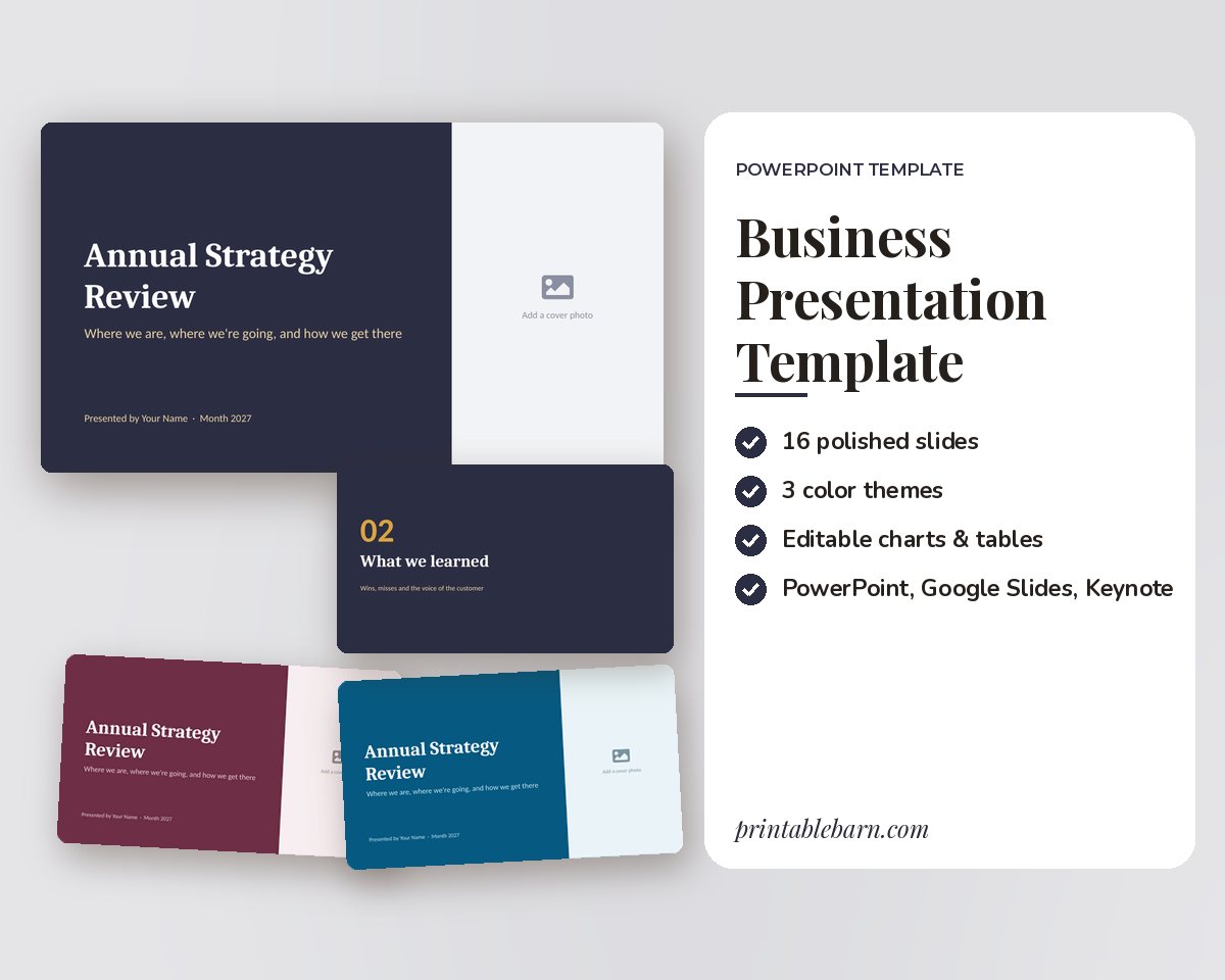 Business Presentation Template for PowerPoint & Google Slides: 16 Editable Slides in 3 Color Themes
