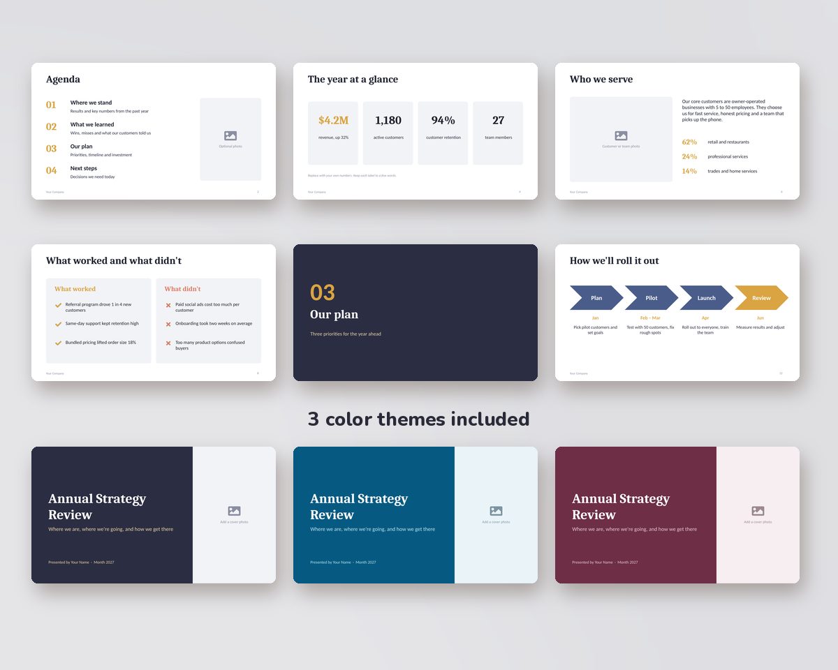 Business Presentation Template for PowerPoint & Google Slides: 16 Editable Slides in 3 Color Themes printable preview 2