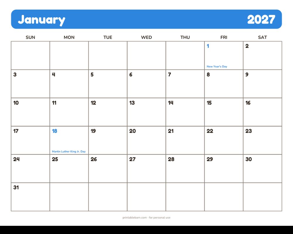 2027 Printable Calendar printable preview 2