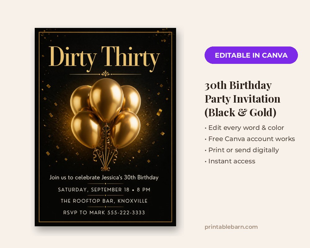 30th Birthday Party Invitation Template: Editable in Canva (Black & Gold) printable preview 1