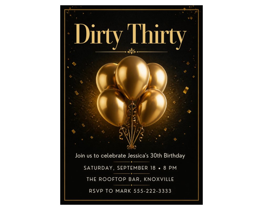 30th Birthday Party Invitation Template: Editable in Canva (Black & Gold) printable preview 2