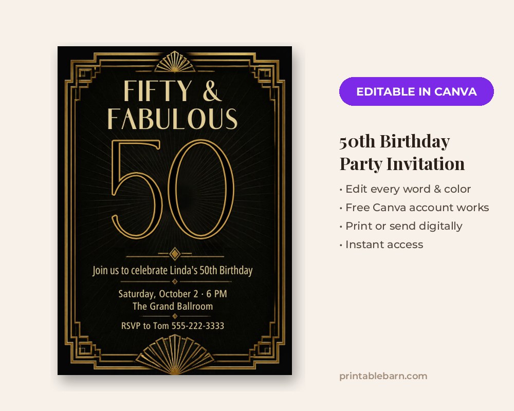 50th Birthday Party Invitation Template: Editable in Canva printable preview 1