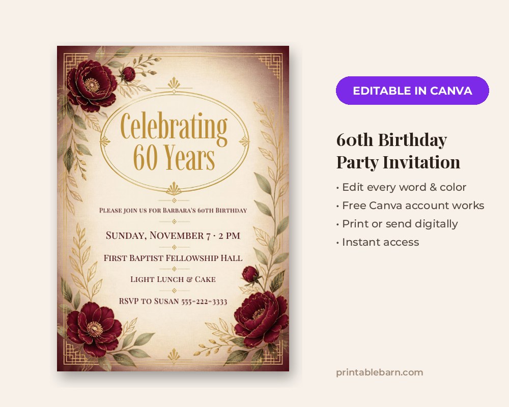 60th Birthday Party Invitation Template: Editable in Canva