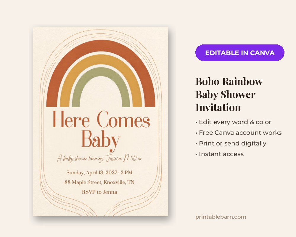 Boho Rainbow Baby Shower Invitation Template: Editable in Canva printable preview 1