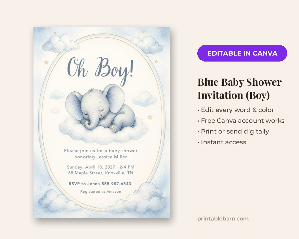 Blue Baby Shower Invitation Template: Editable in Canva (Boy)