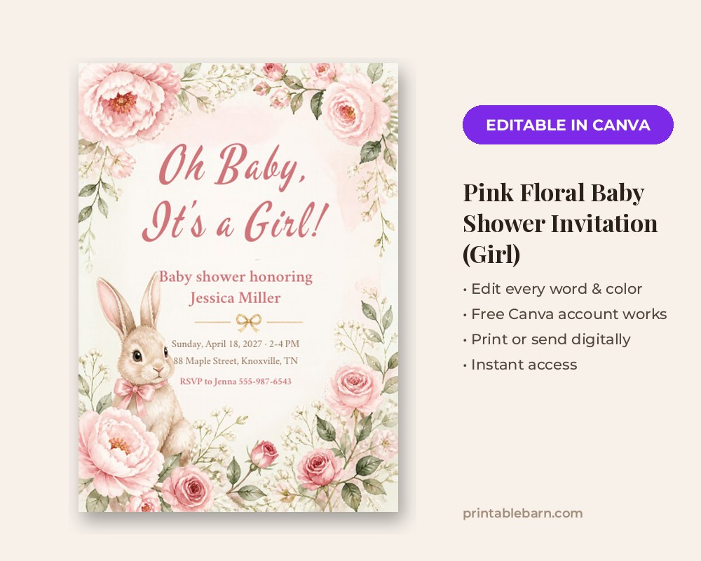 Pink Floral Baby Shower Invitation Template: Editable in Canva (Girl)