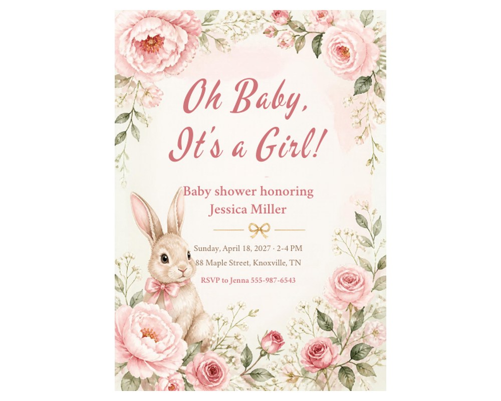 Pink Floral Baby Shower Invitation Template: Editable in Canva (Girl) printable preview 2