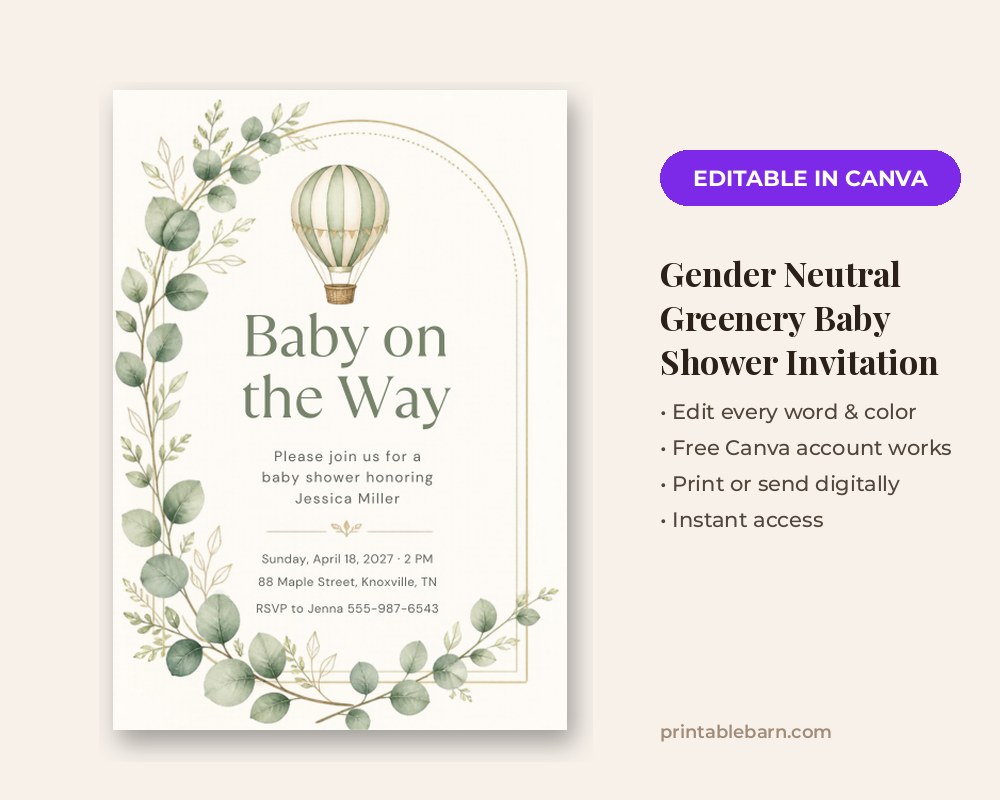 Gender Neutral Greenery Baby Shower Invitation Template: Editable in Canva