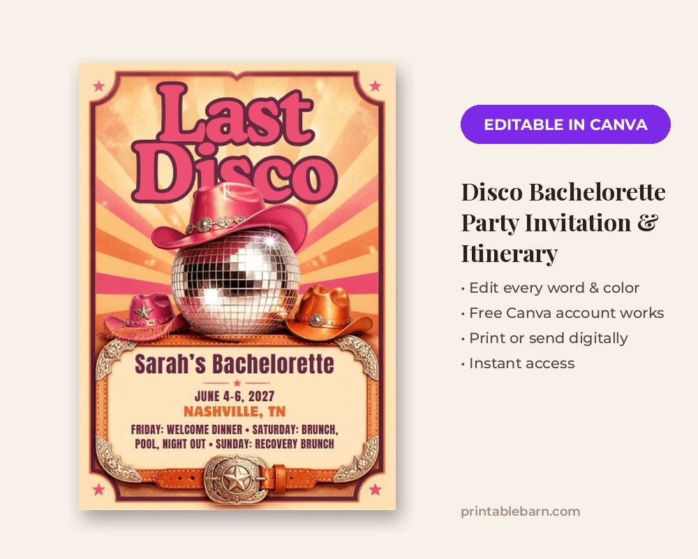 Disco Bachelorette Party Invitation & Itinerary Template: Editable in Canva printable preview 1