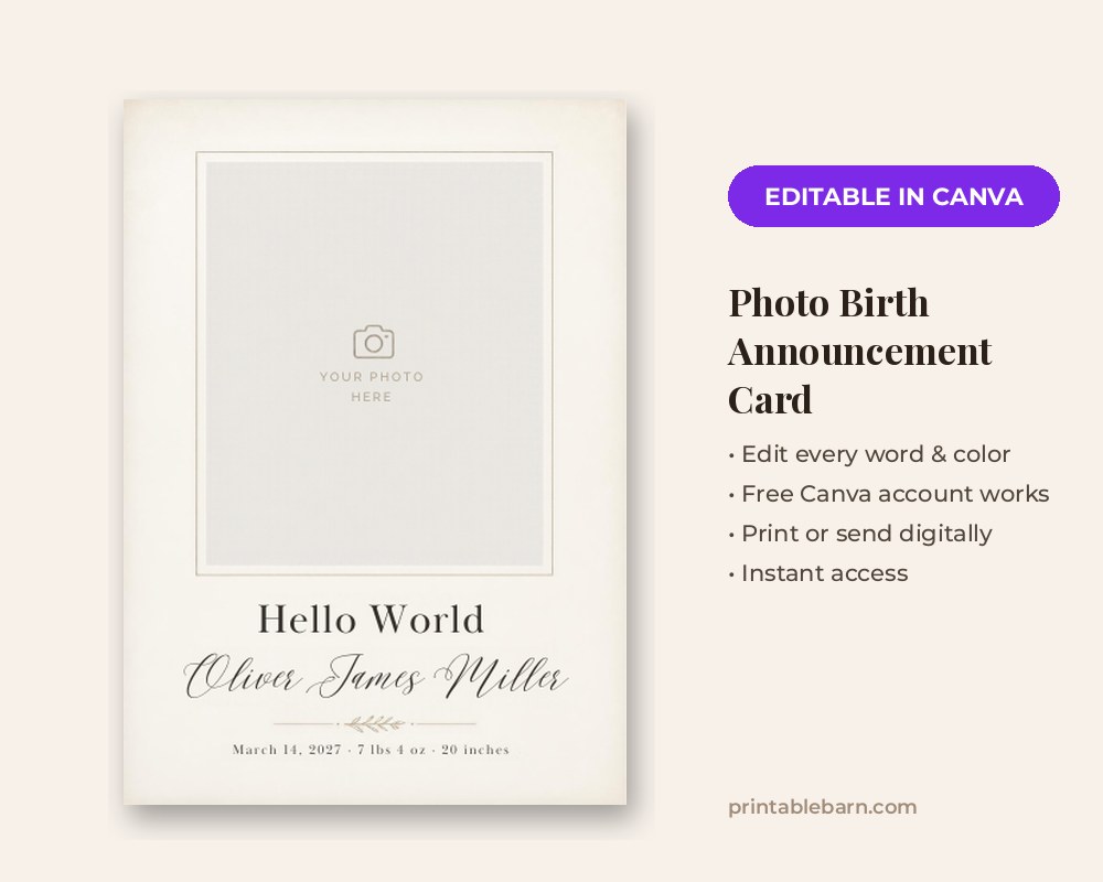 Photo Birth Announcement Card Template: Editable in Canva printable preview 1