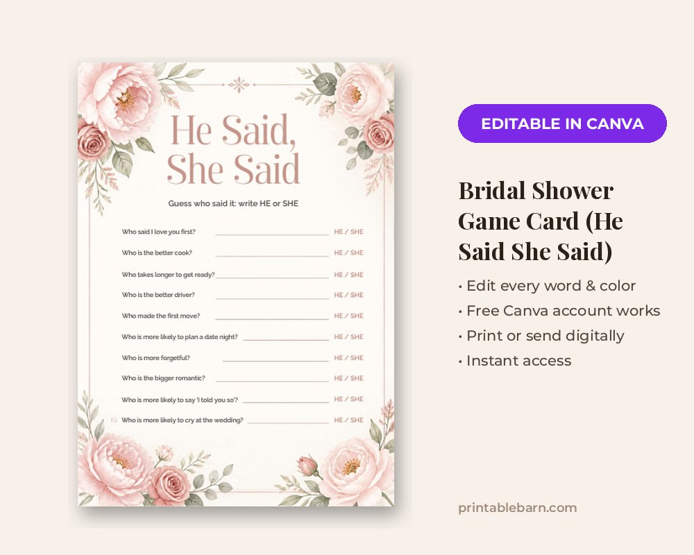 Bridal Shower Game Card Template: Editable in Canva (He Said She Said)