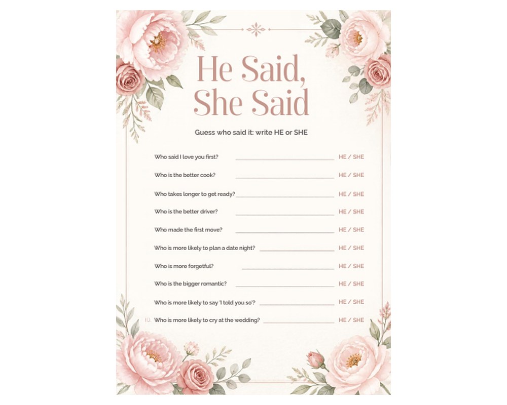 Bridal Shower Game Card Template: Editable in Canva (He Said She Said) printable preview 2