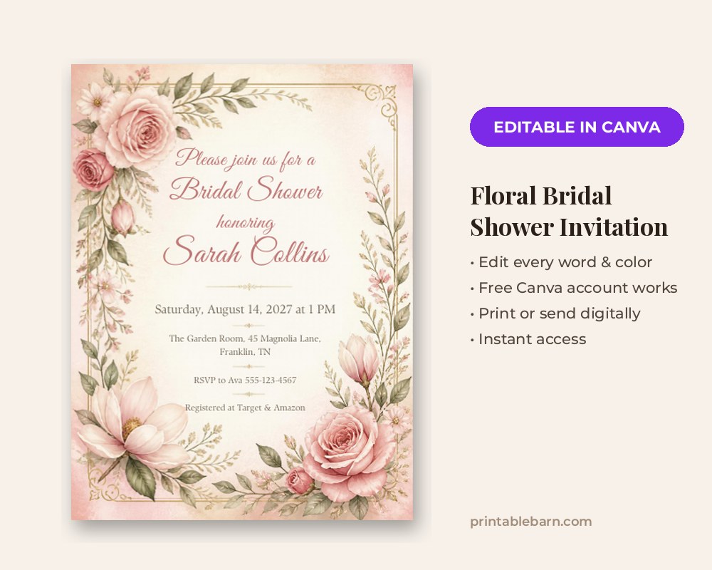 Floral Bridal Shower Invitation Template: Editable in Canva printable preview 1