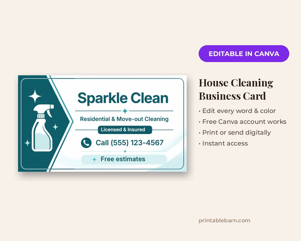 House Cleaning Business Card Template: Editable in Canva