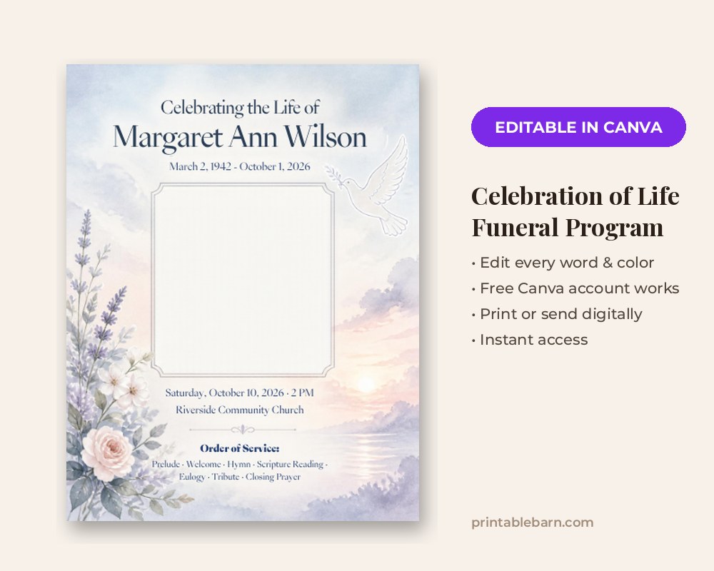 Celebration of Life Funeral Program Template: Editable in Canva