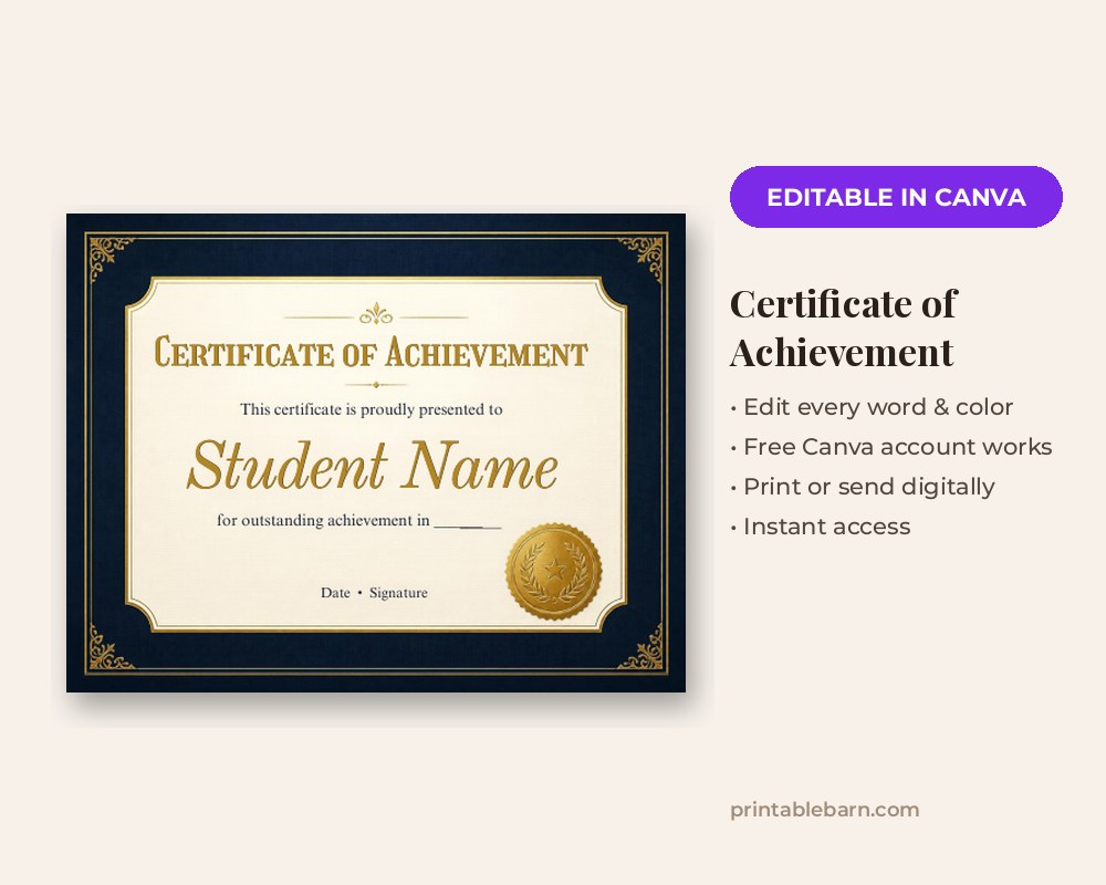 Certificate of Achievement Template: Editable in Canva
