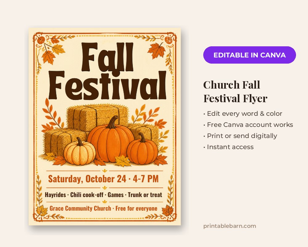 Church Fall Festival Flyer Template: Editable in Canva printable preview 1