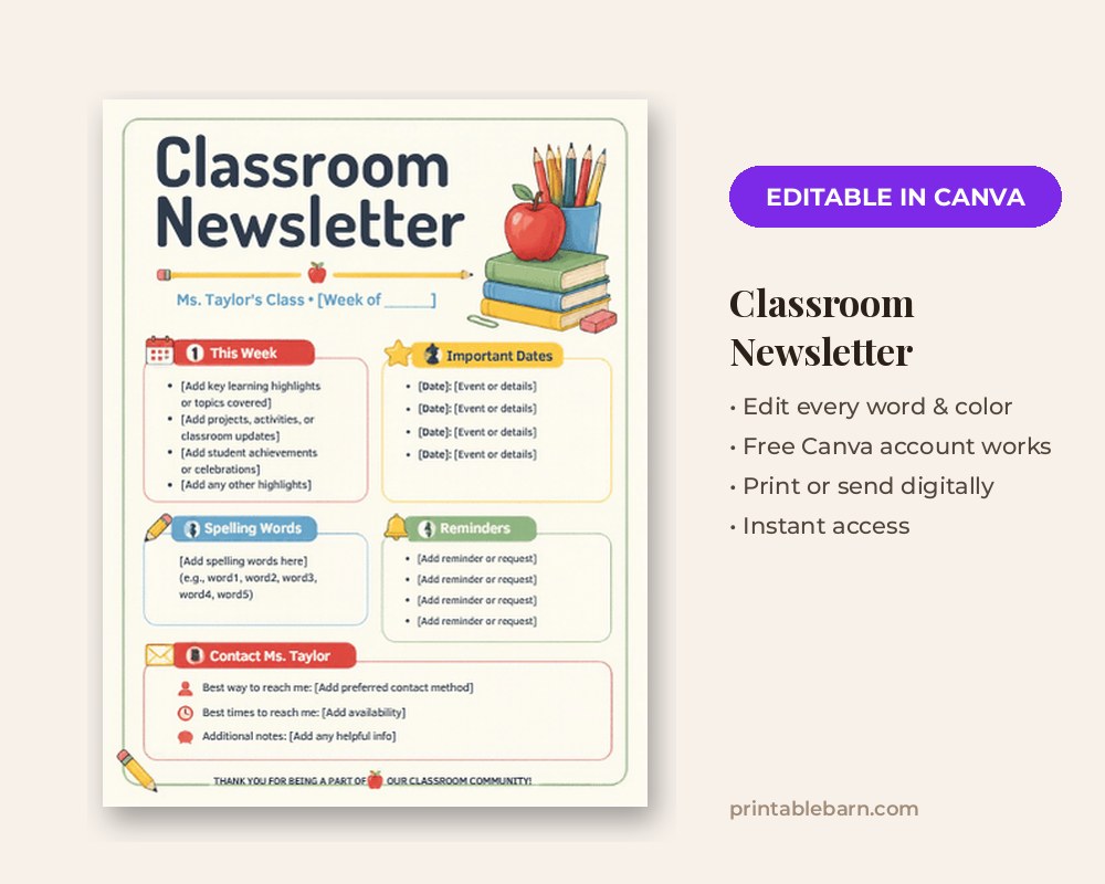 Classroom Newsletter Template: Editable in Canva printable preview 1