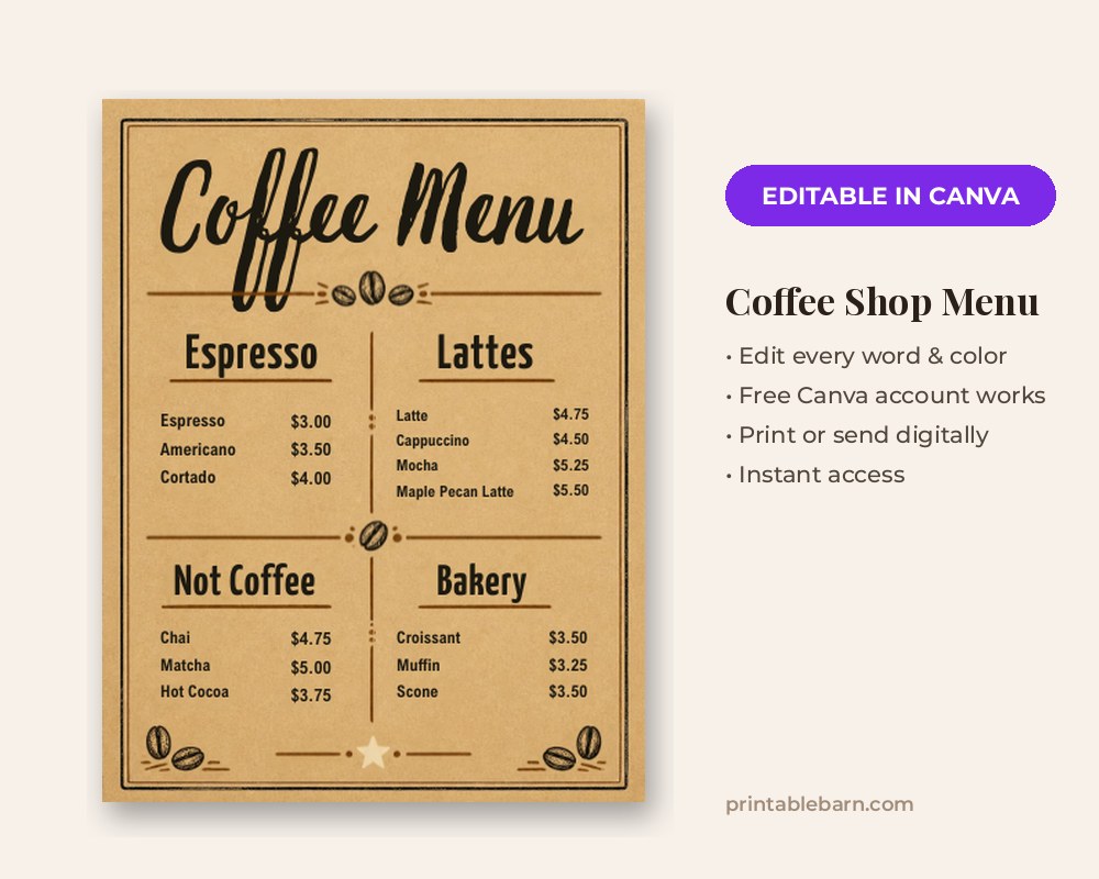 Coffee Shop Menu Template: Editable in Canva printable preview 1