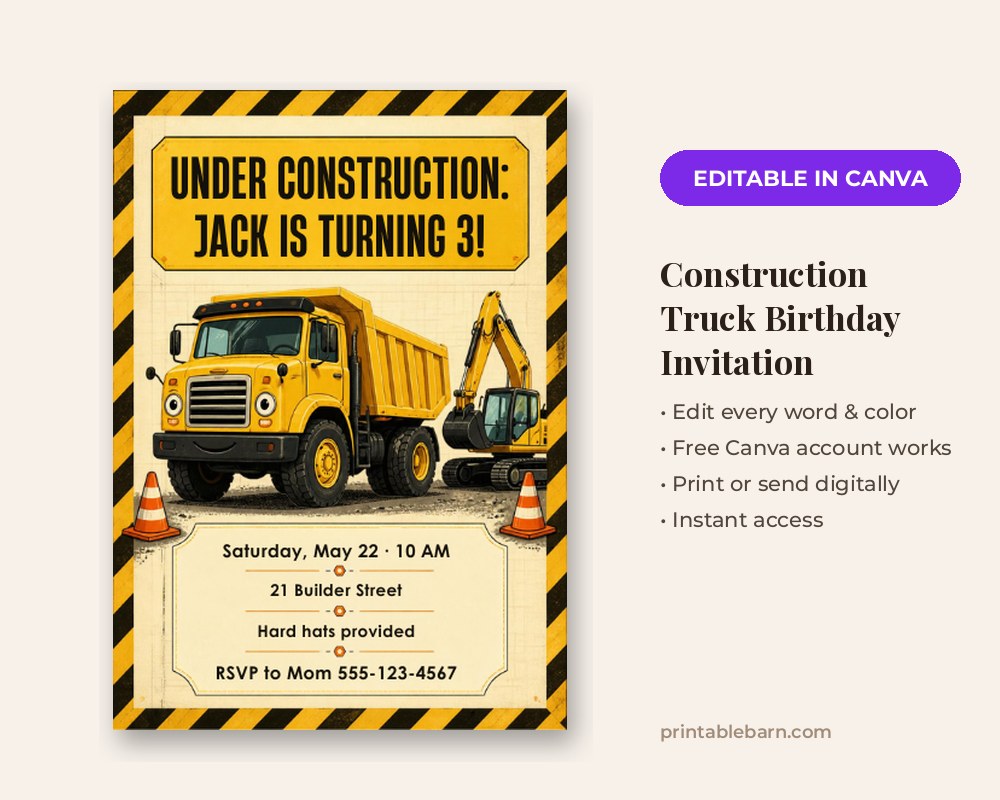 Construction Truck Birthday Invitation Template: Editable in Canva