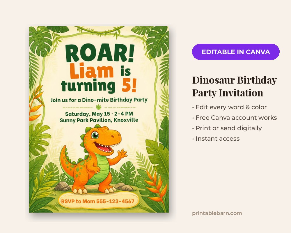 Dinosaur Birthday Party Invitation Template: Editable in Canva