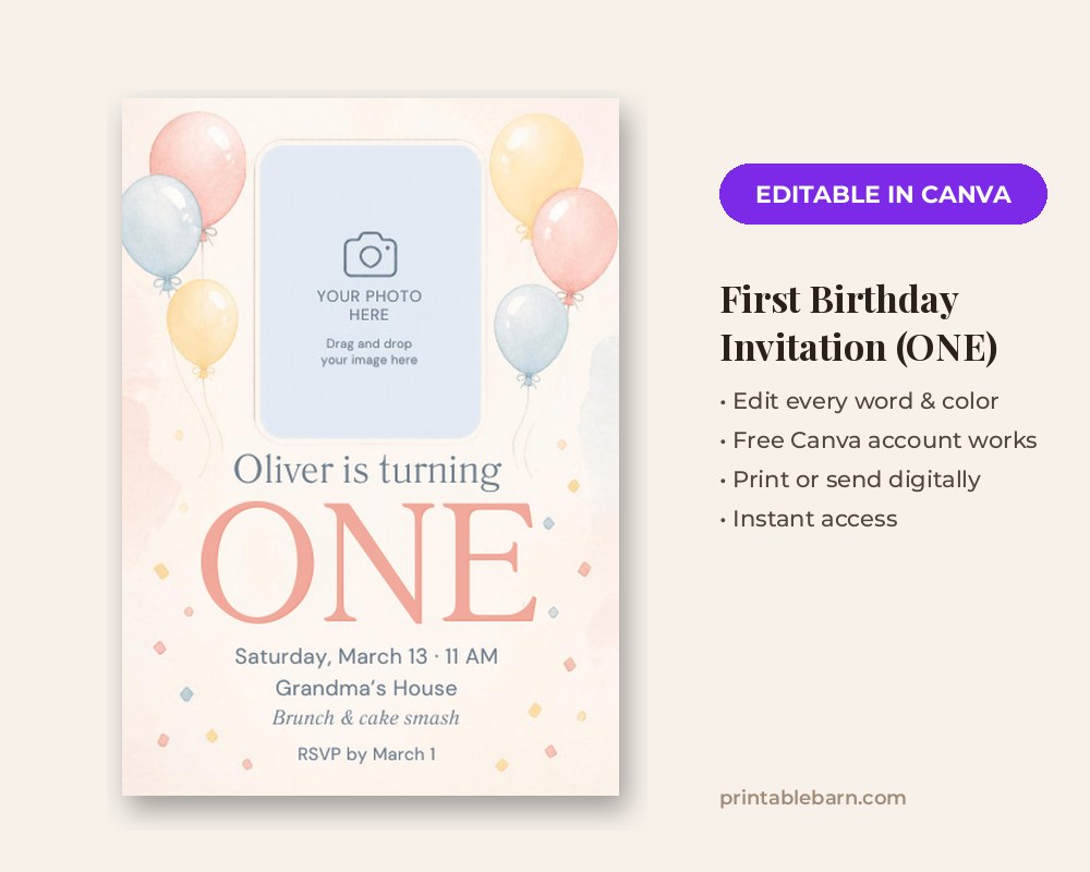 First Birthday Invitation Template: Editable in Canva (ONE)