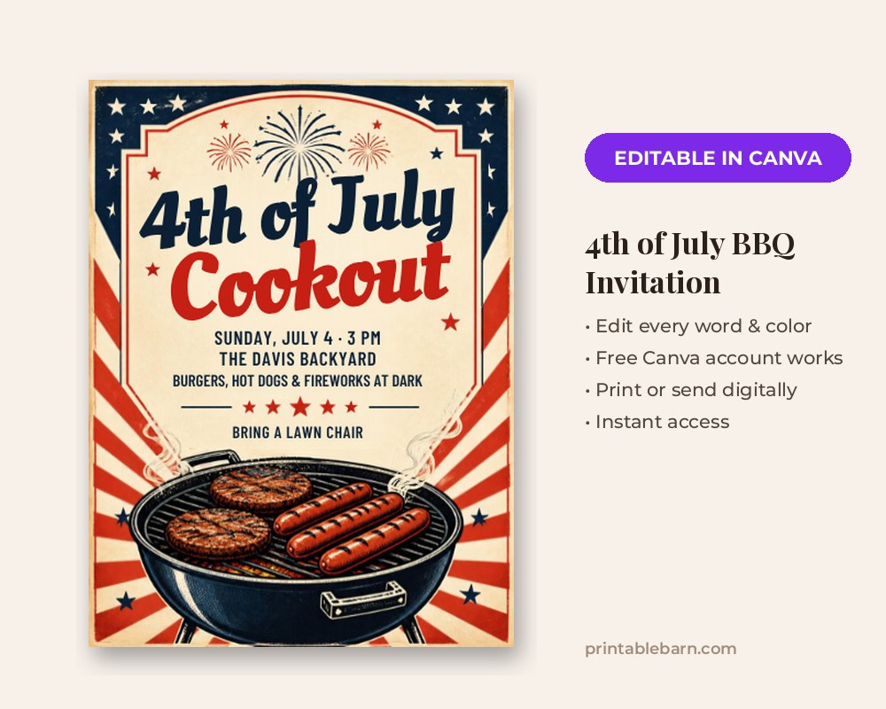 4th of July BBQ Invitation Template: Editable in Canva