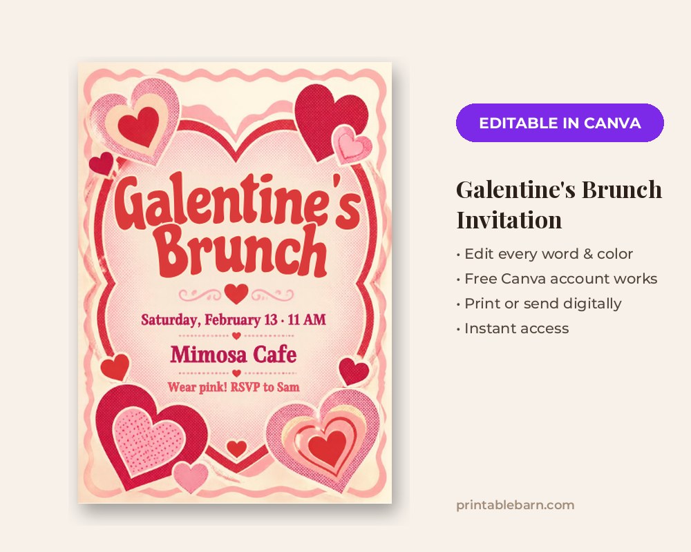 Galentine's Brunch Invitation Template: Editable in Canva printable preview 1
