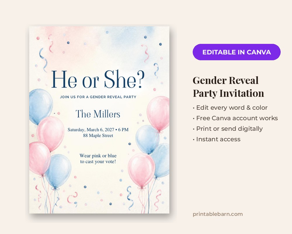 Gender Reveal Party Invitation Template: Editable in Canva