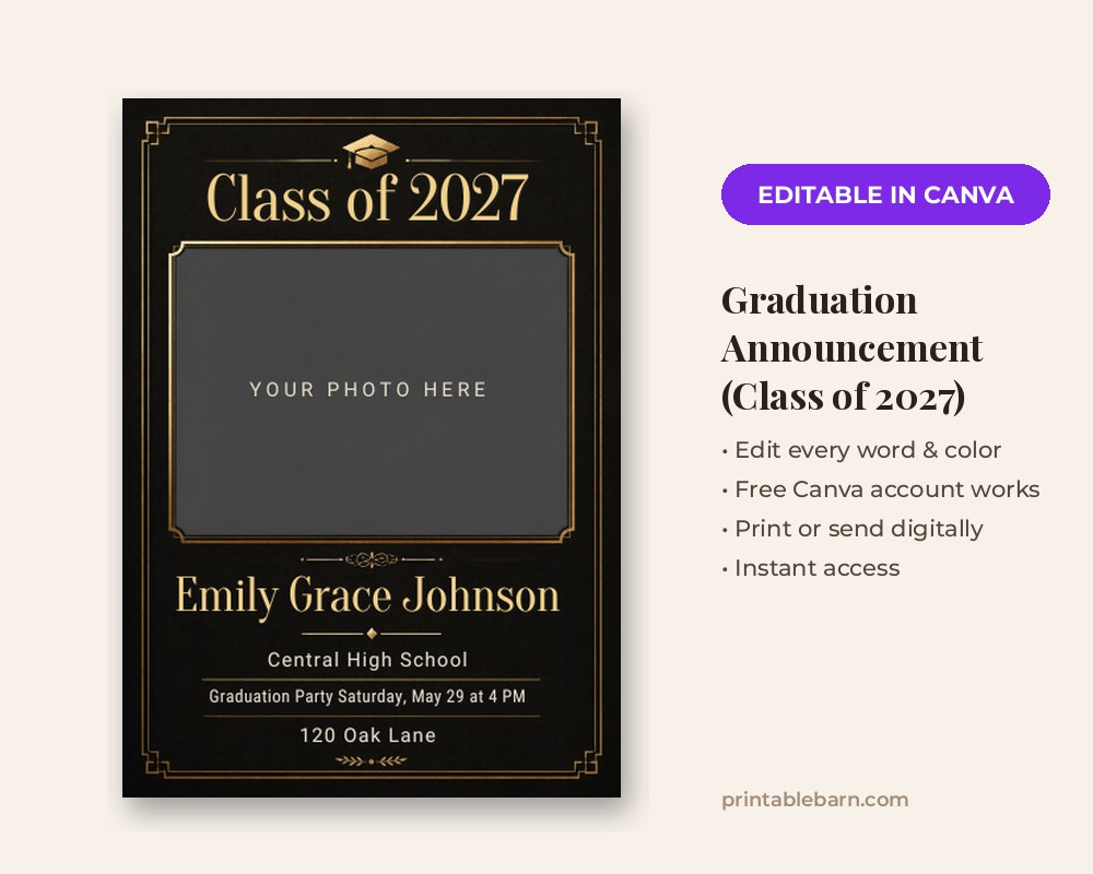Graduation Announcement Template: Editable in Canva (Class of 2027)