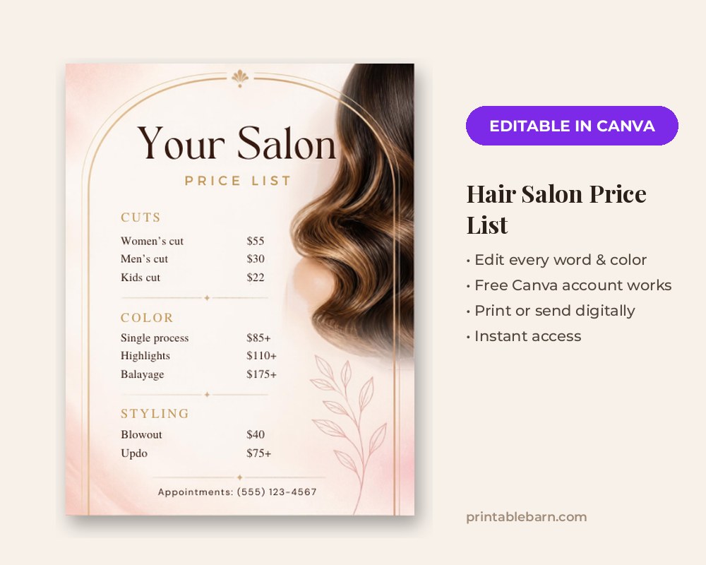 Hair Salon Price List Template: Editable in Canva
