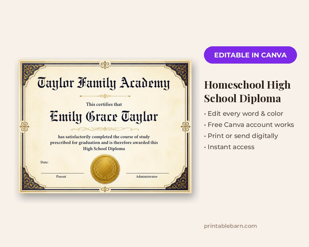 Homeschool High School Diploma Template: Editable in Canva printable preview 1