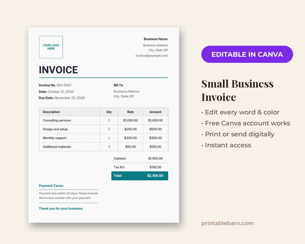 Small Business Invoice Template: Editable in Canva printable preview 1
