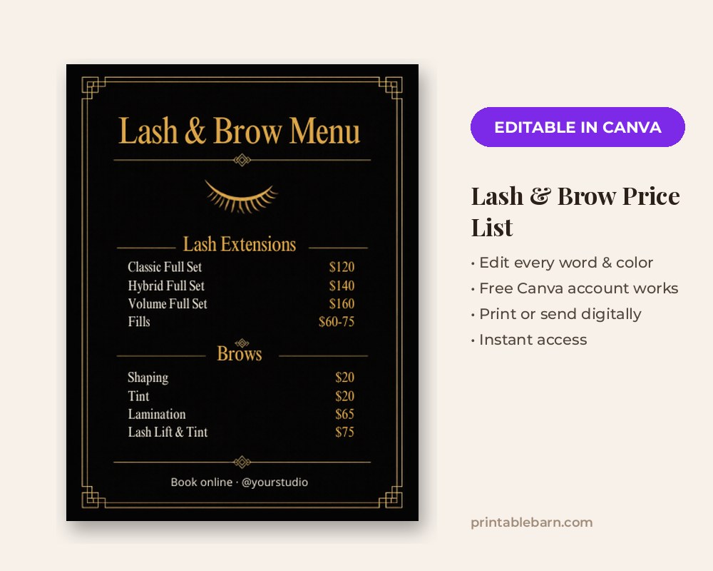 Lash & Brow Price List Template: Editable in Canva