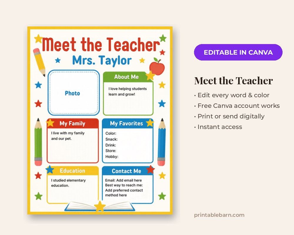 Meet the Teacher Template: Editable in Canva printable preview 1
