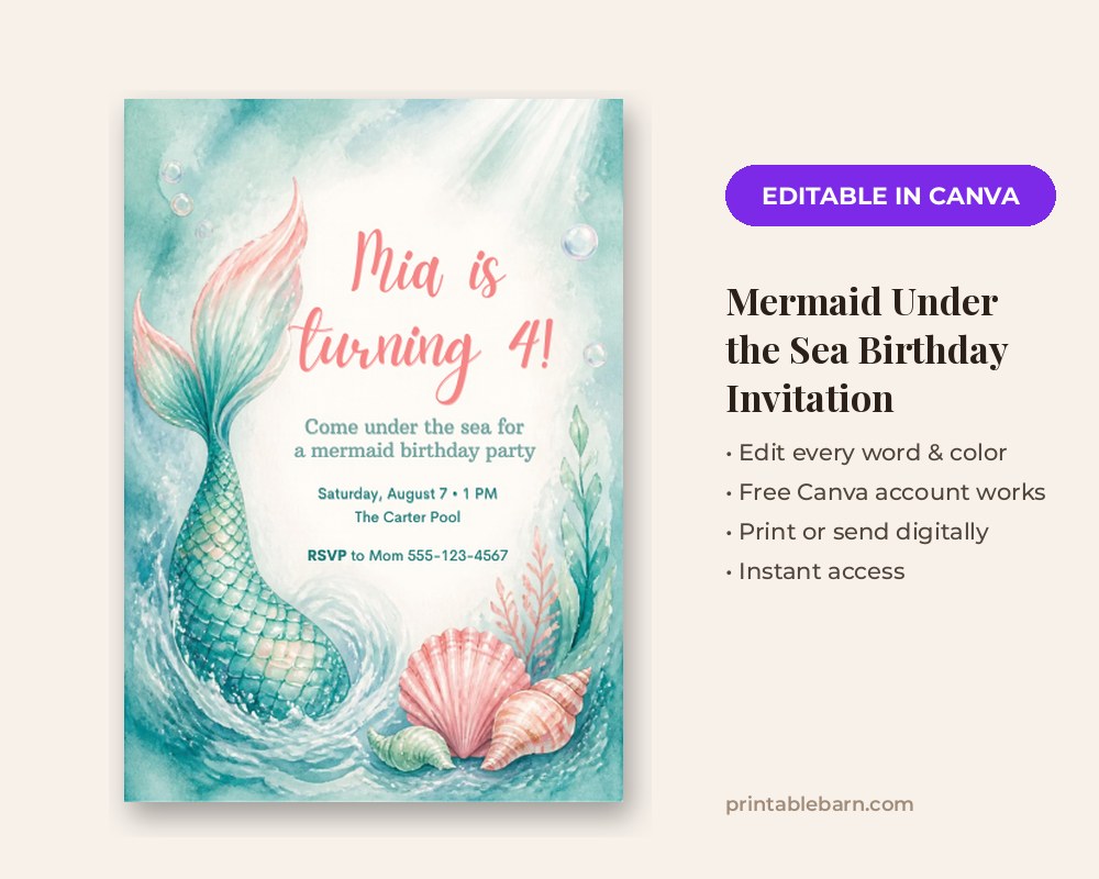 Mermaid Under the Sea Birthday Invitation Template: Editable in Canva printable preview 1