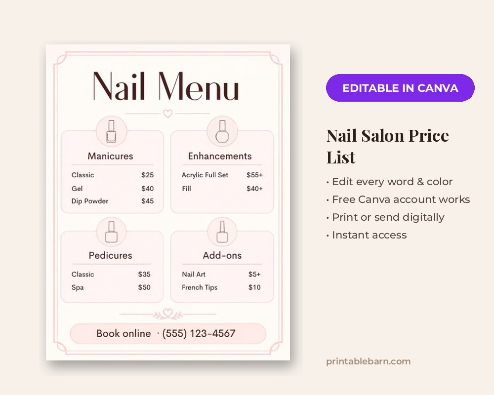 Nail Salon Price List Template: Editable in Canva