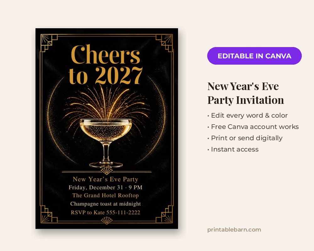 New Year's Eve Party Invitation Template: Editable in Canva