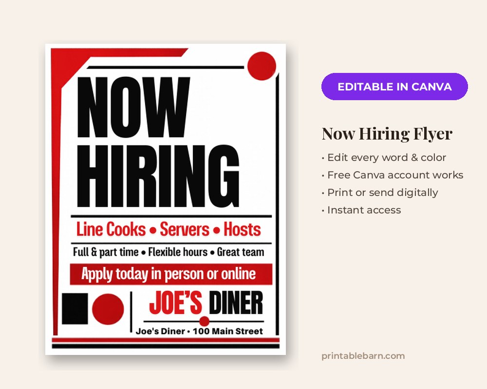 Now Hiring Flyer Template: Editable in Canva