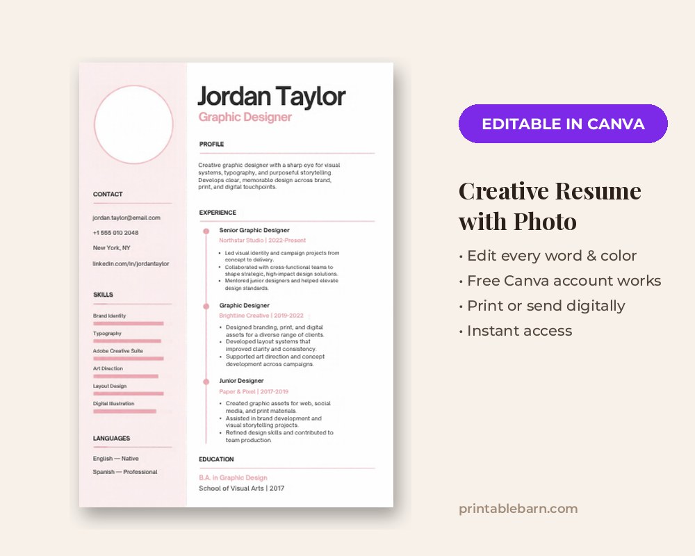 Creative Resume Template: Editable in Canva with Photo